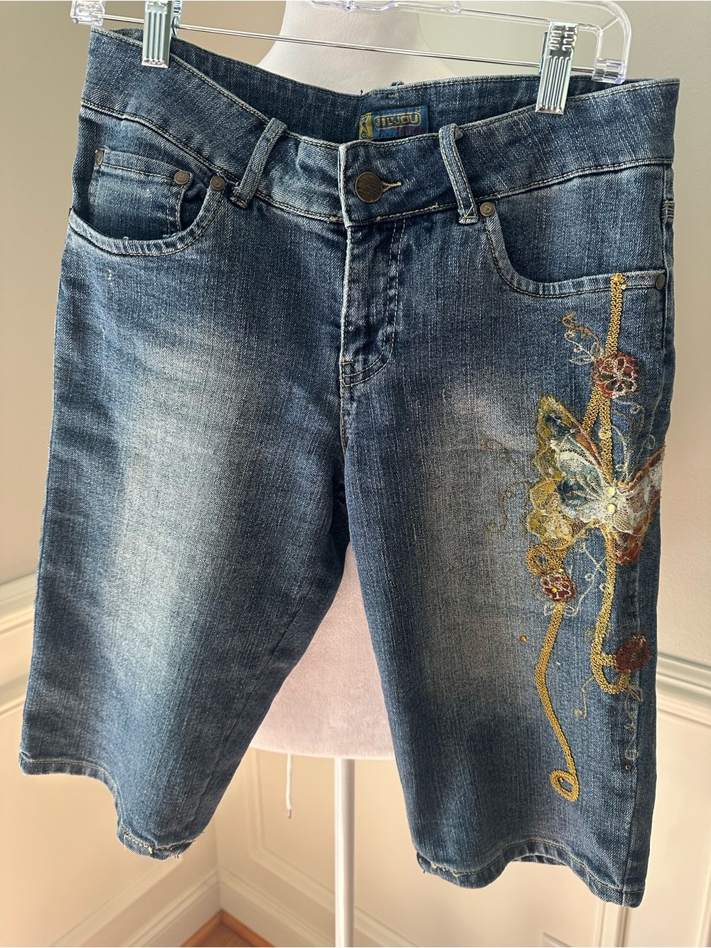 Jou Jou Blue Denim Shorts with Embroidery